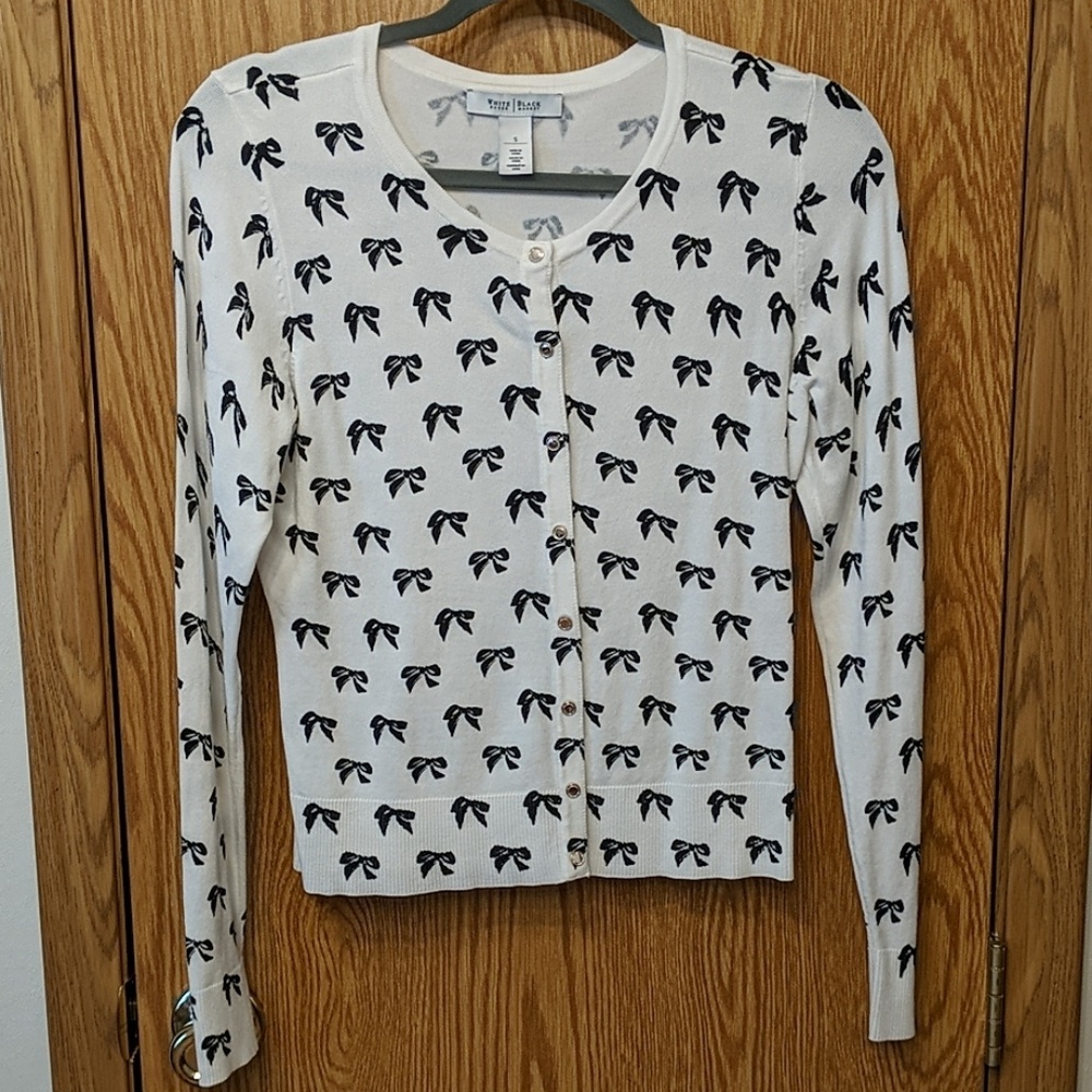White House Black Market White and Black Bow Cardigan